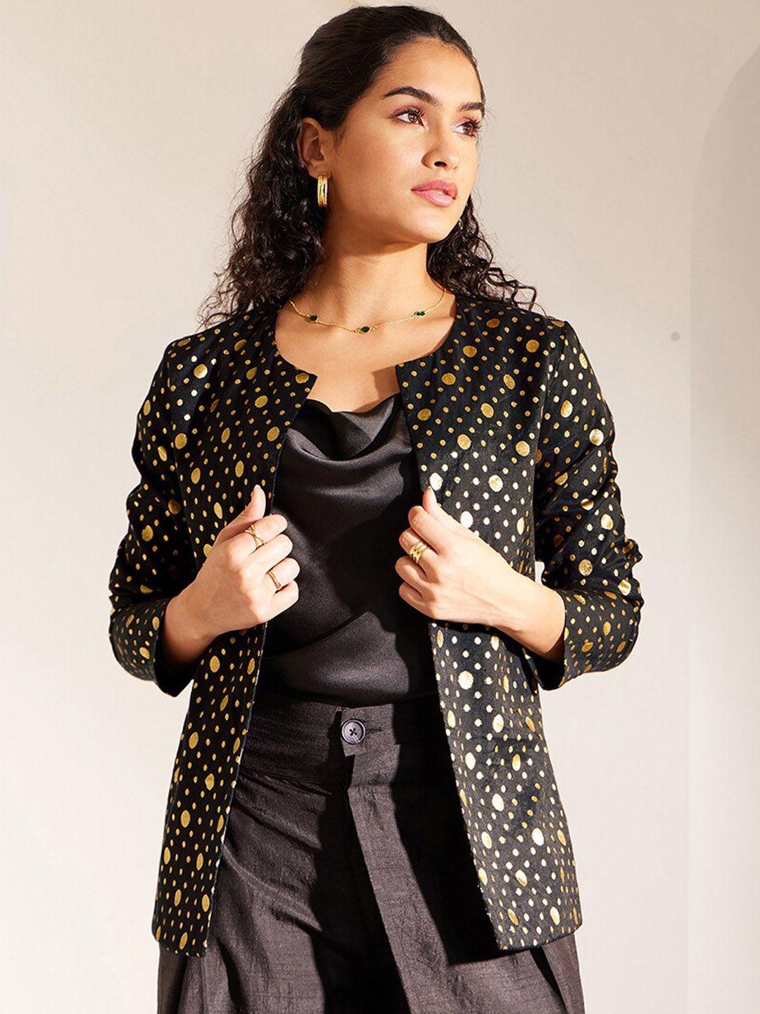 fablestreet polka dots printed brocade open front jacket