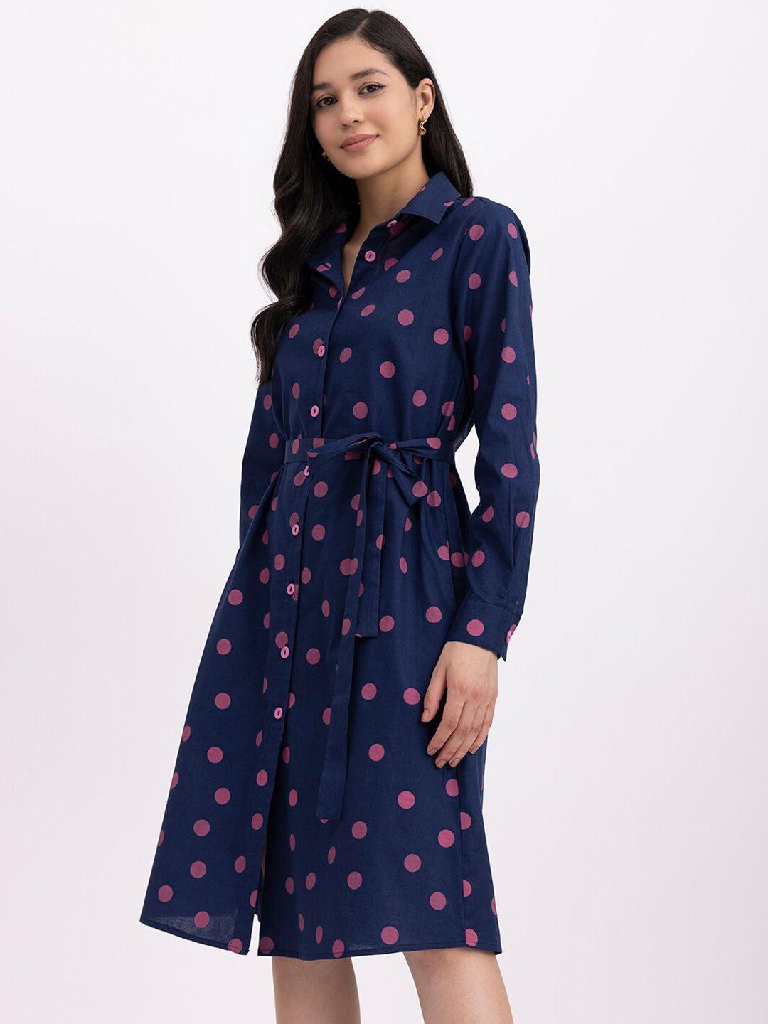 fablestreet polka dots printed linen shirt dress with belt