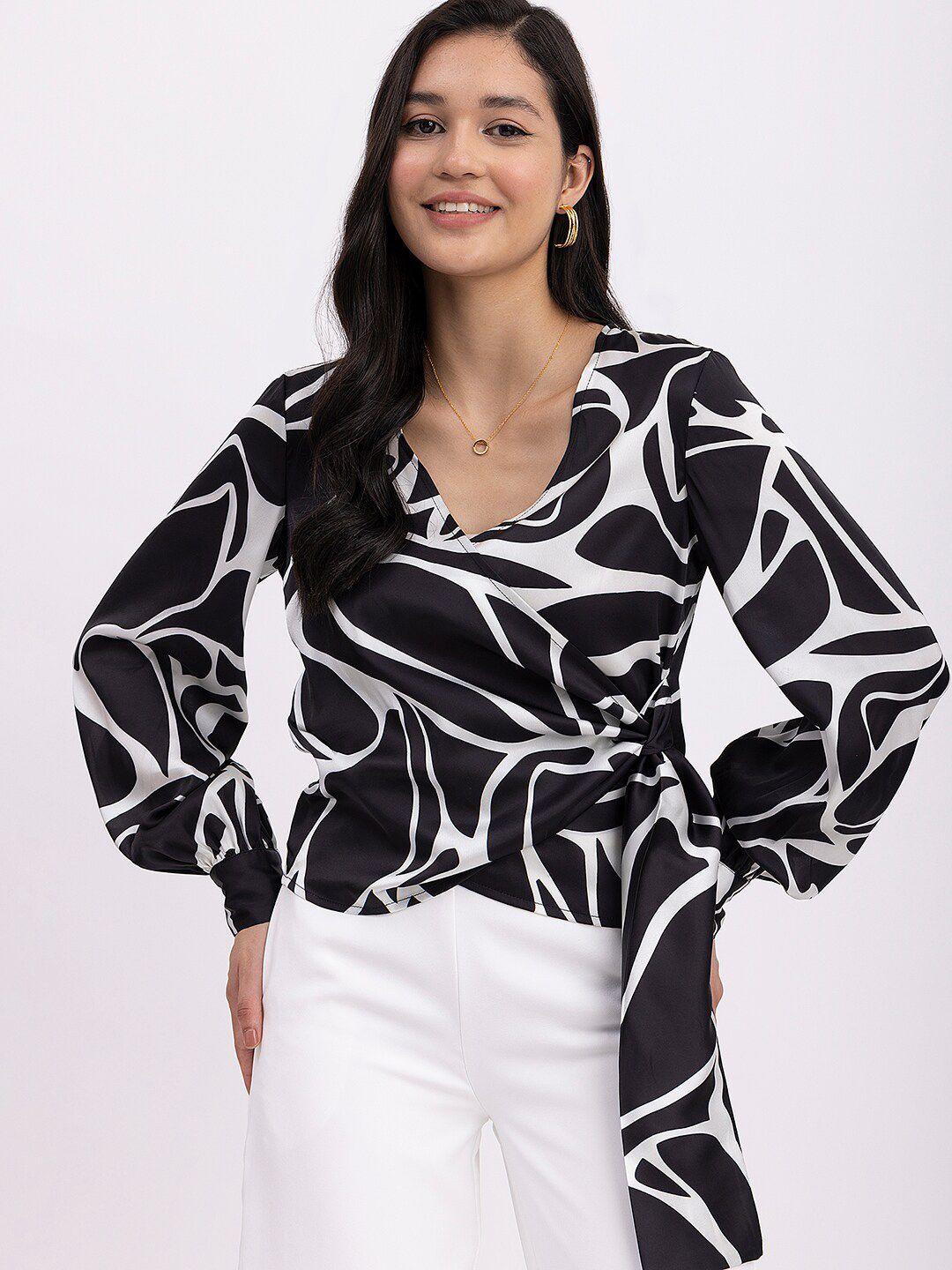 fablestreet printed puff sleeves satin wrap top