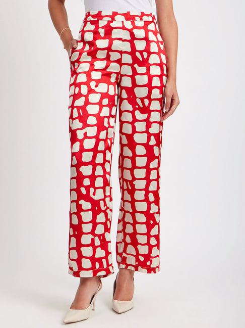 fablestreet red & off white printed mid rise trousers