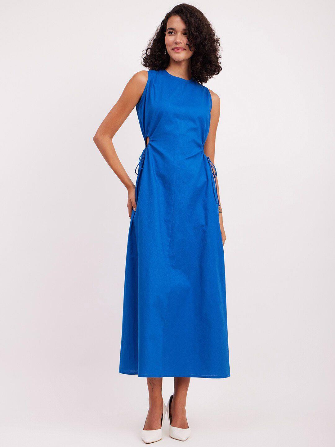 fablestreet round neck cut-outs detail linen a-line midi dress