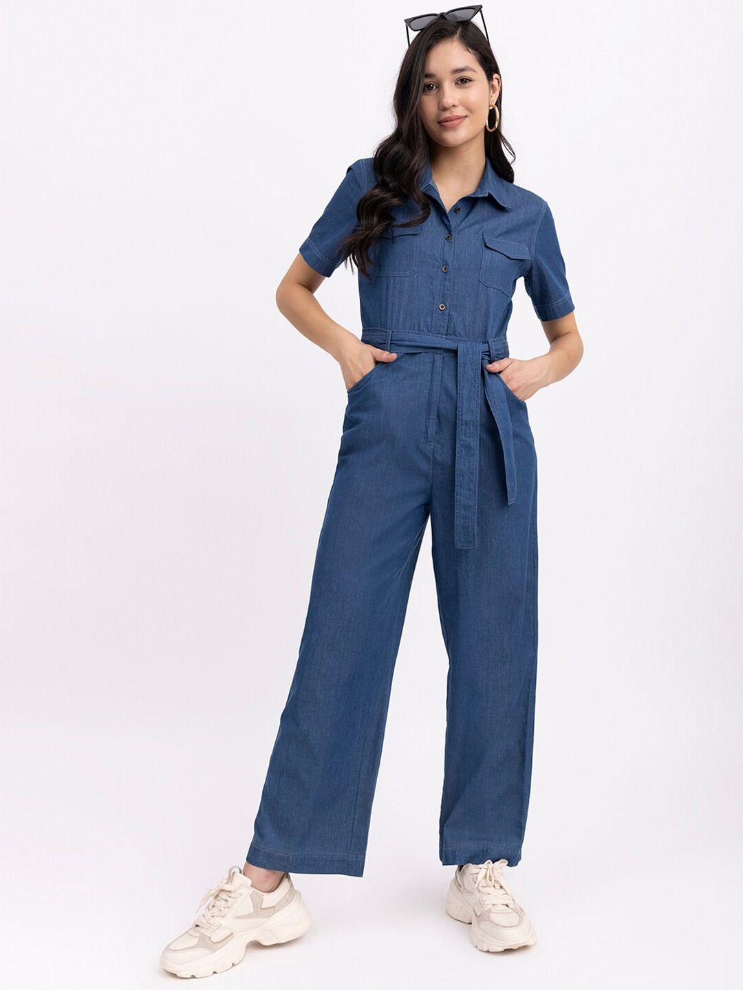 fablestreet shirt collar cotton basic jumpsuit with belt