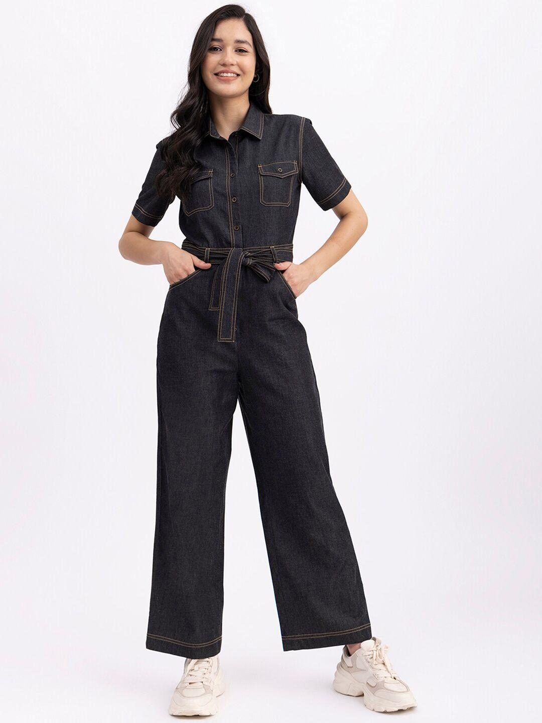 fablestreet shirt collar cotton denim basic jumpsuit with belt