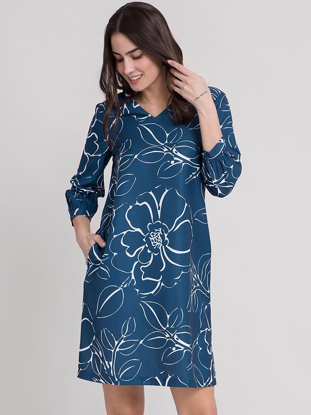fablestreet teal blue & white v-neck floral shift dress