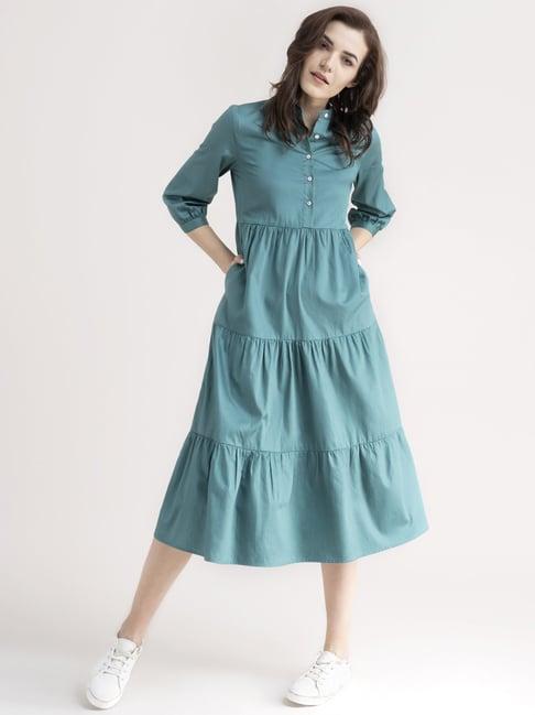 fablestreet teal blue cotton a-line dress