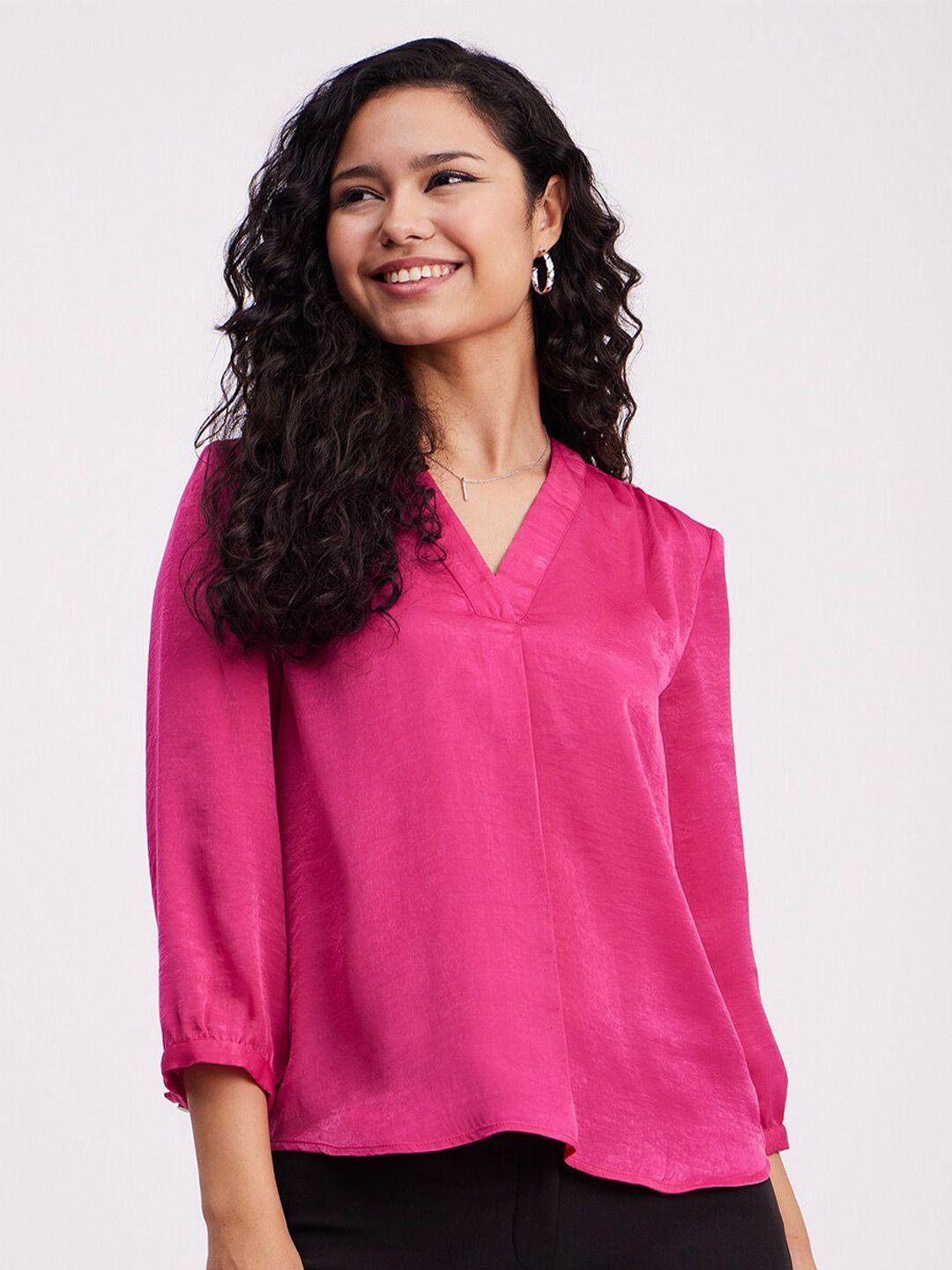 fablestreet v-neck cuffed sleeves satin top