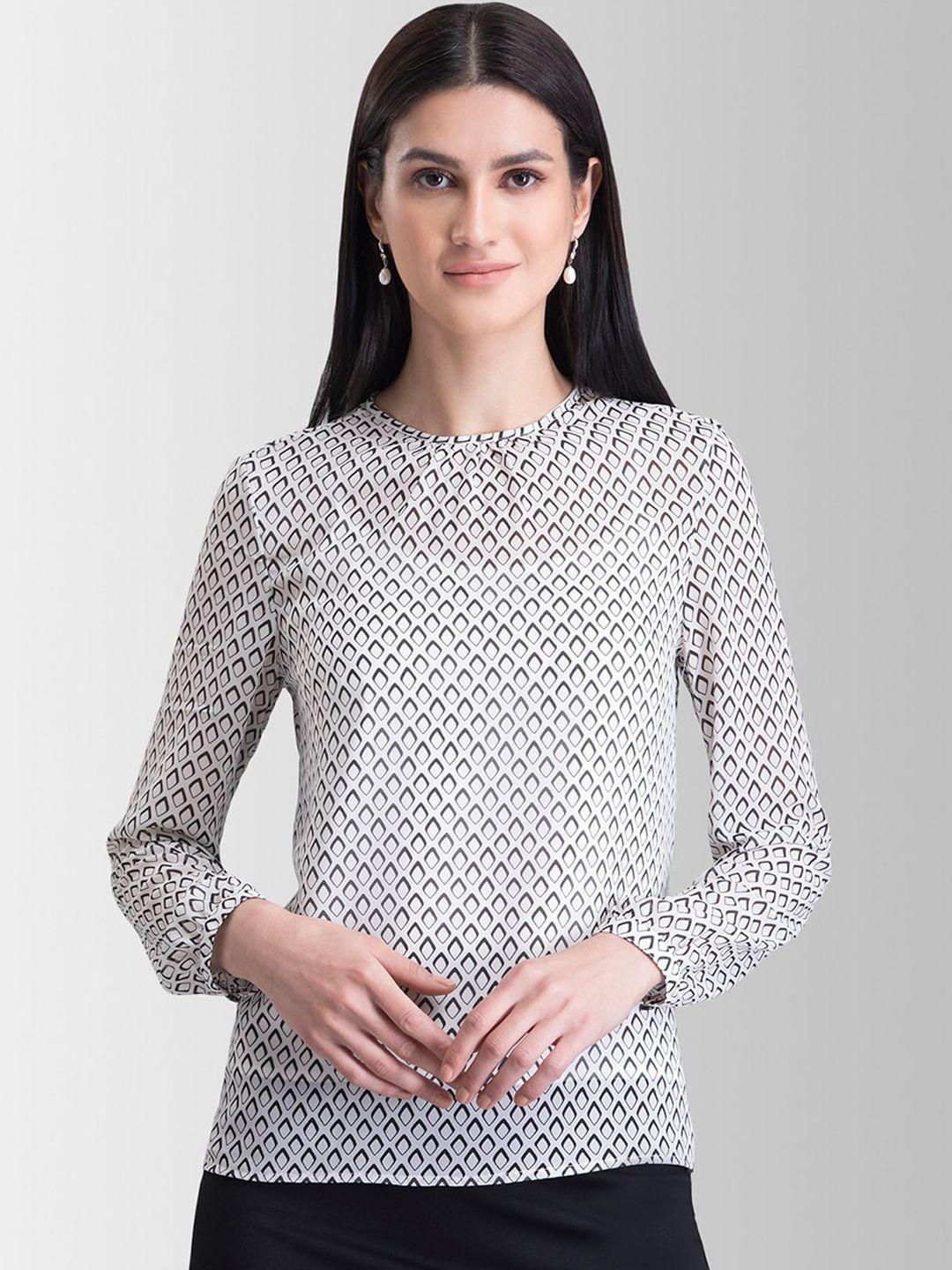 fablestreet white & black geometric printed georgette top