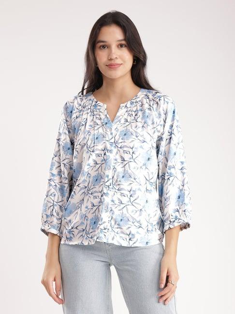 fablestreet white & blue floral print shirt