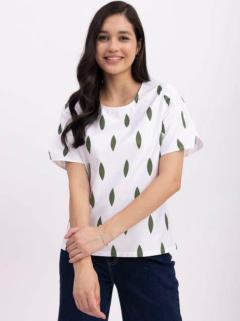 fablestreet white & green cotton printed top