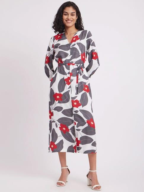 fablestreet white & grey floral print wrap dress