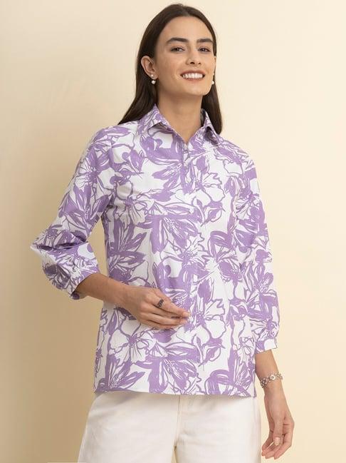fablestreet white & lavender cotton printed shirt