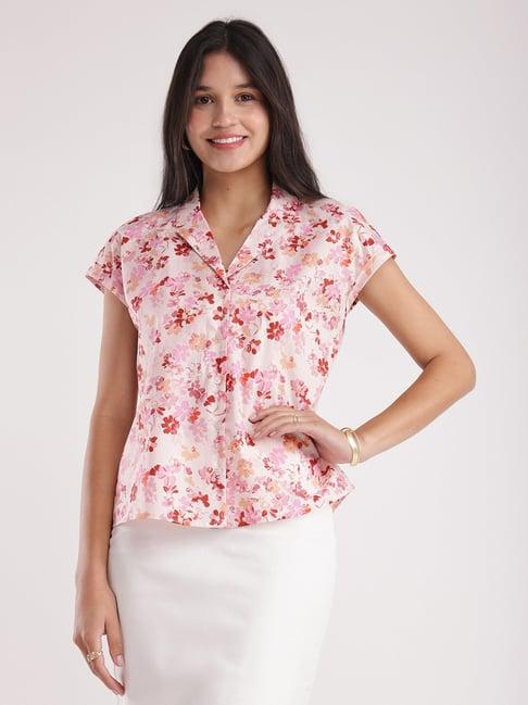 fablestreet white & pink cotton floral print shirt