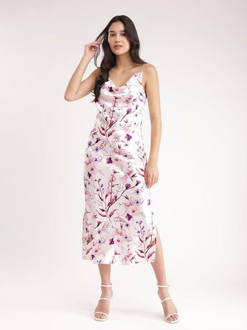 fablestreet white & pink floral print midi dress