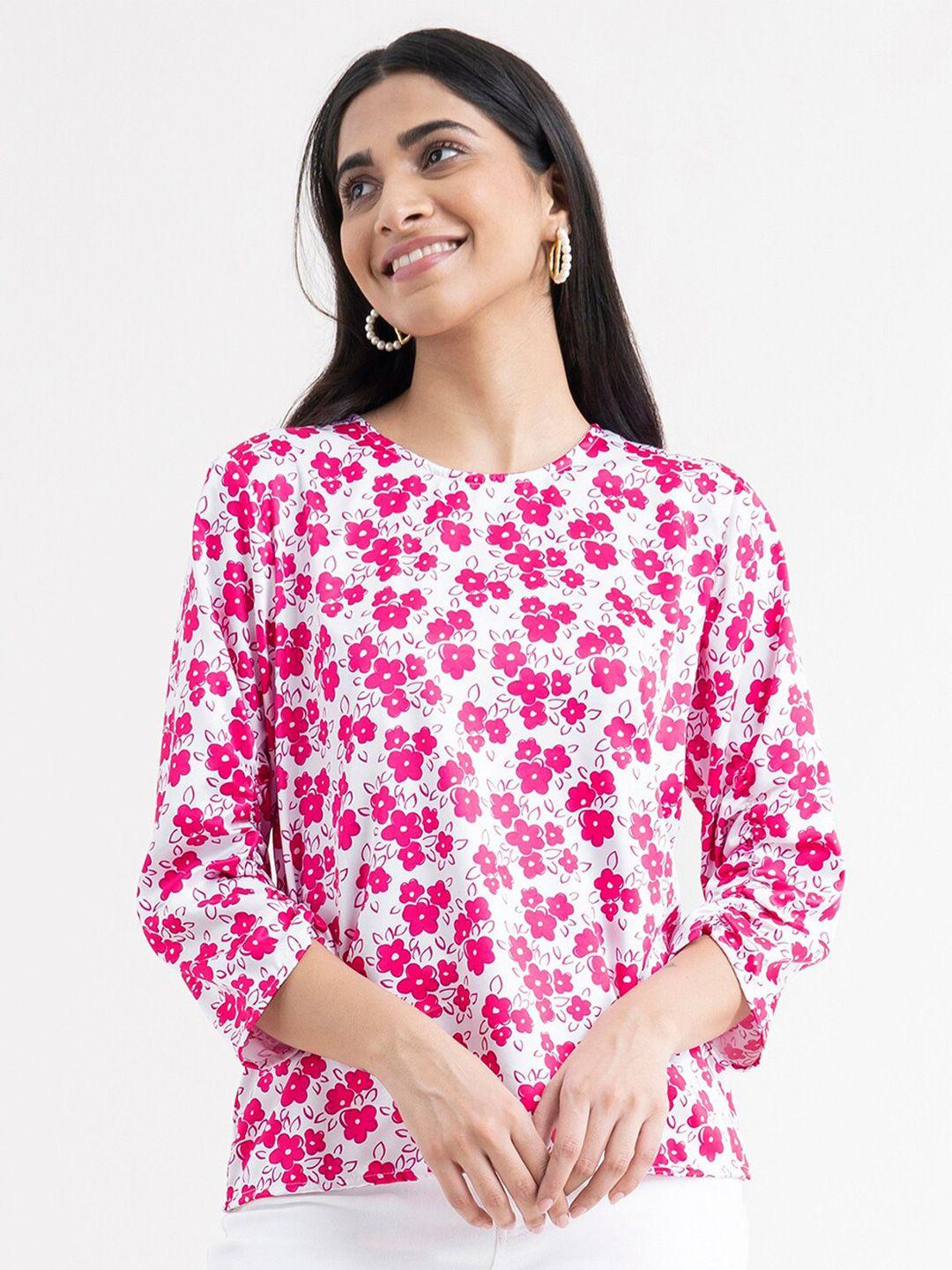 fablestreet white & pink floral print satin top