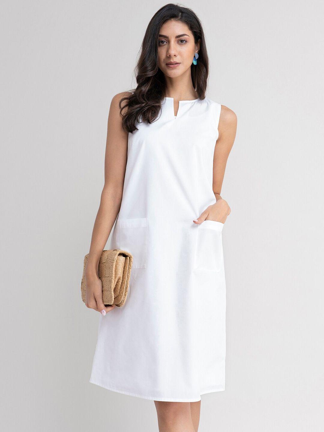 fablestreet white solid cotton a-line dress