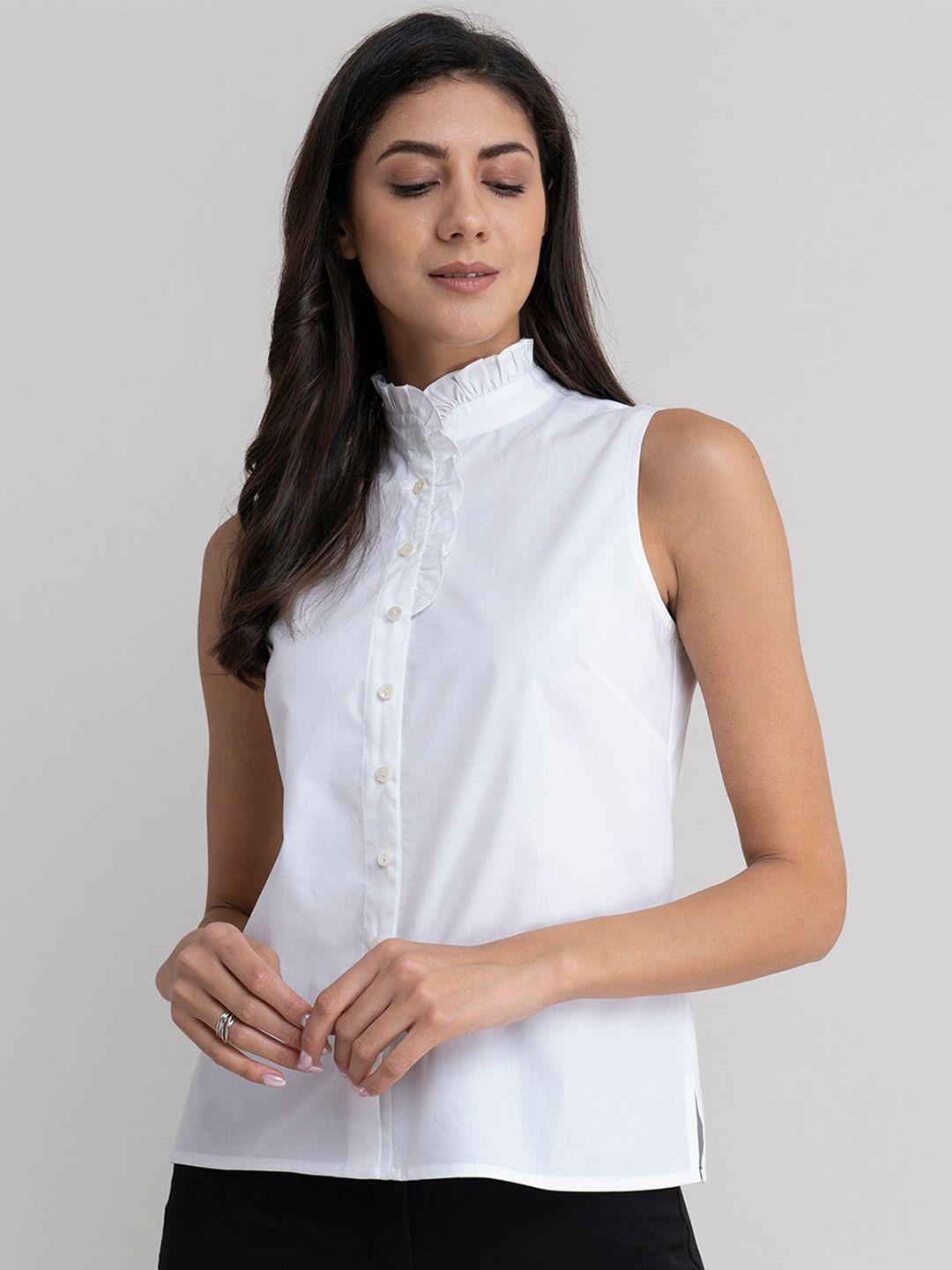 fablestreet white solid mandarin collar ruffles shirt style top