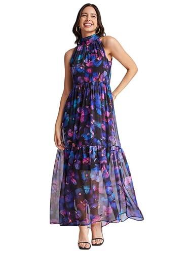 fablestreet women's floral halter neck dress - black and multicolour -(fsdr1052mult-m)