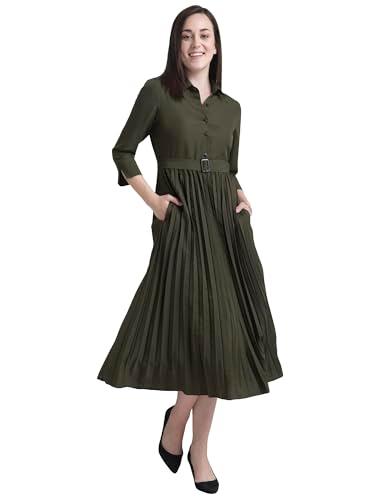 fablestreet women's polyester collared pleated fit and flare midi dress - olive (dr534oliv-l)