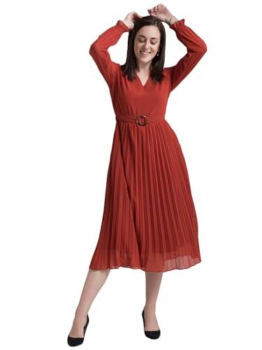 fablestreet women's polyester v neck pleated fit and flare midi dress - rust (dr530rust-m)