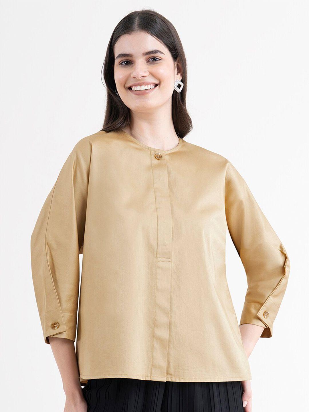 fablestreet women beige pure cotton round neck top