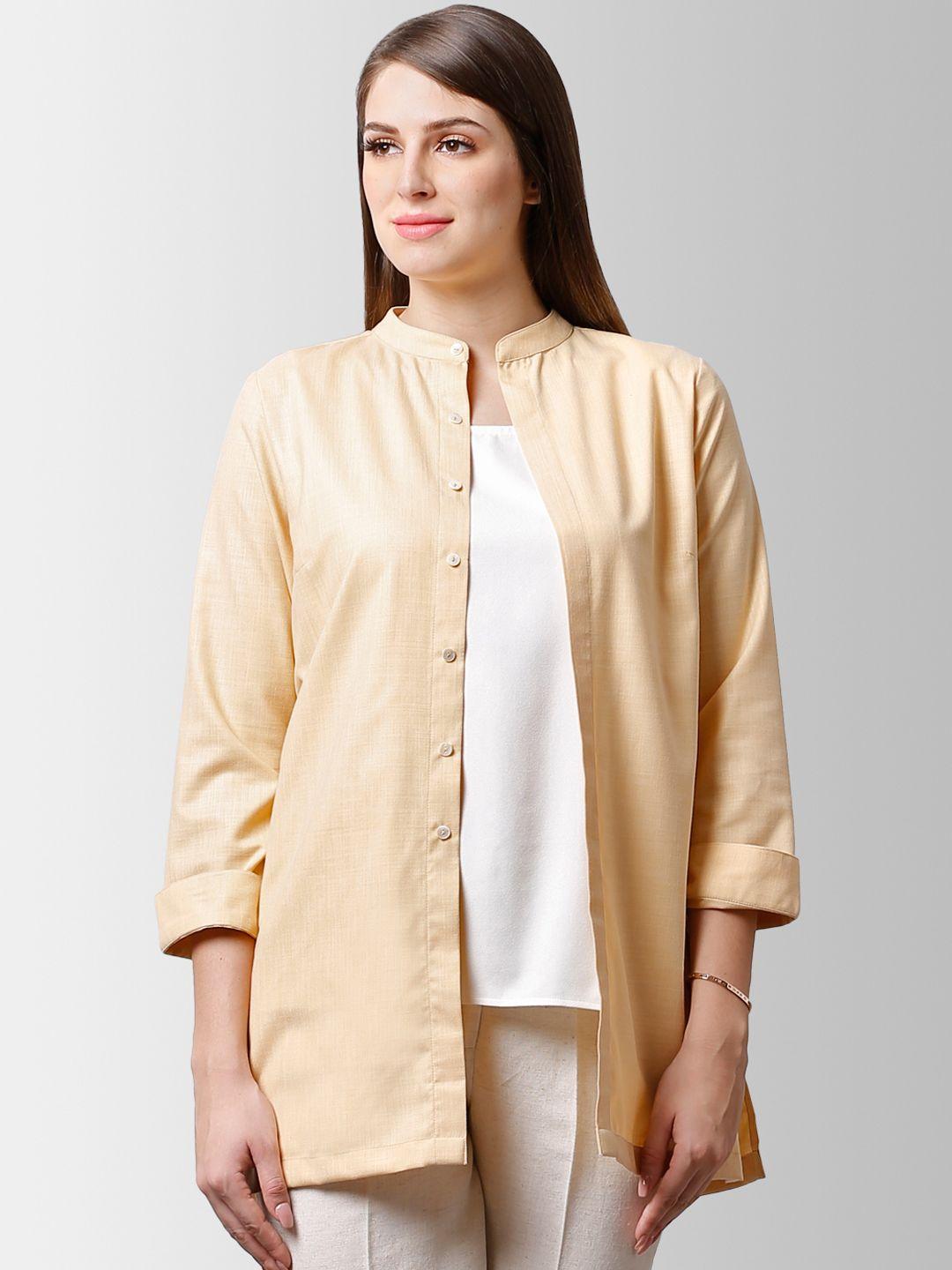 fablestreet women beige regular fit solid casual shirt