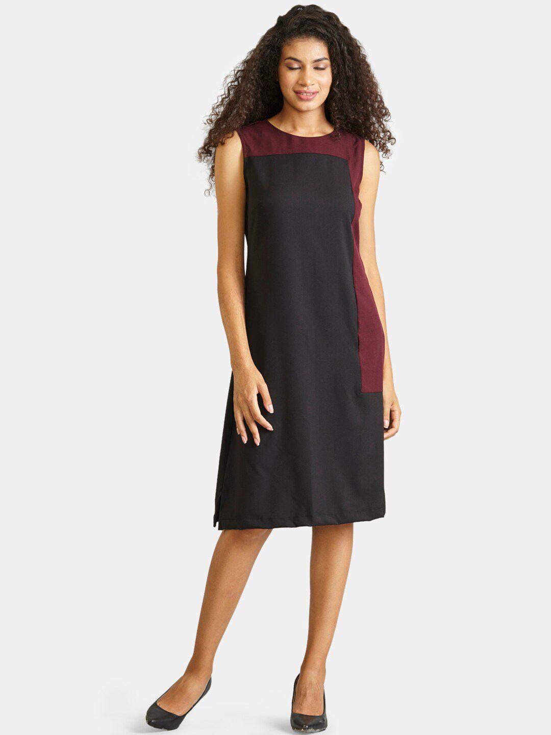 fablestreet women black & burgundy colourblocked a-line dress