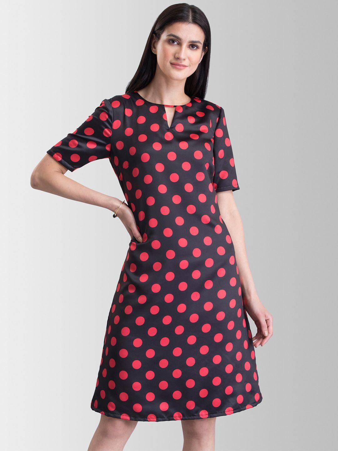 fablestreet women black & red printed a-line dress