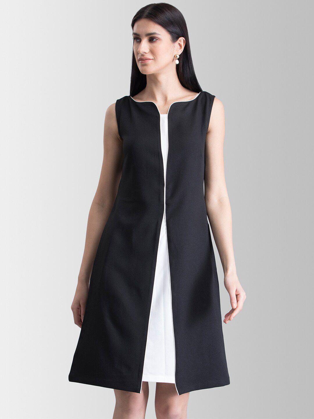 fablestreet women black & white colourblocked a-line dress