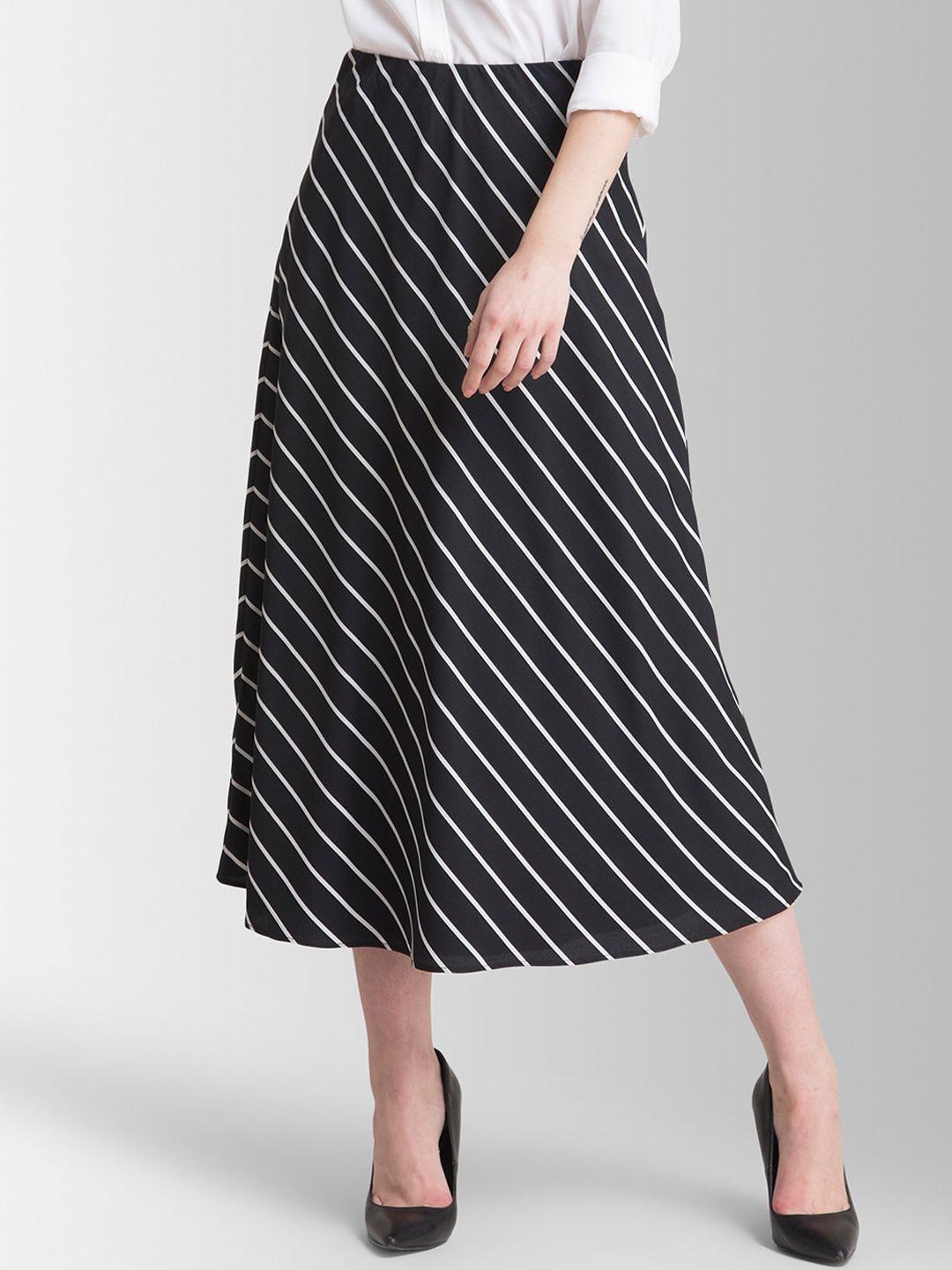 fablestreet women black & white striped a-line midi skirt