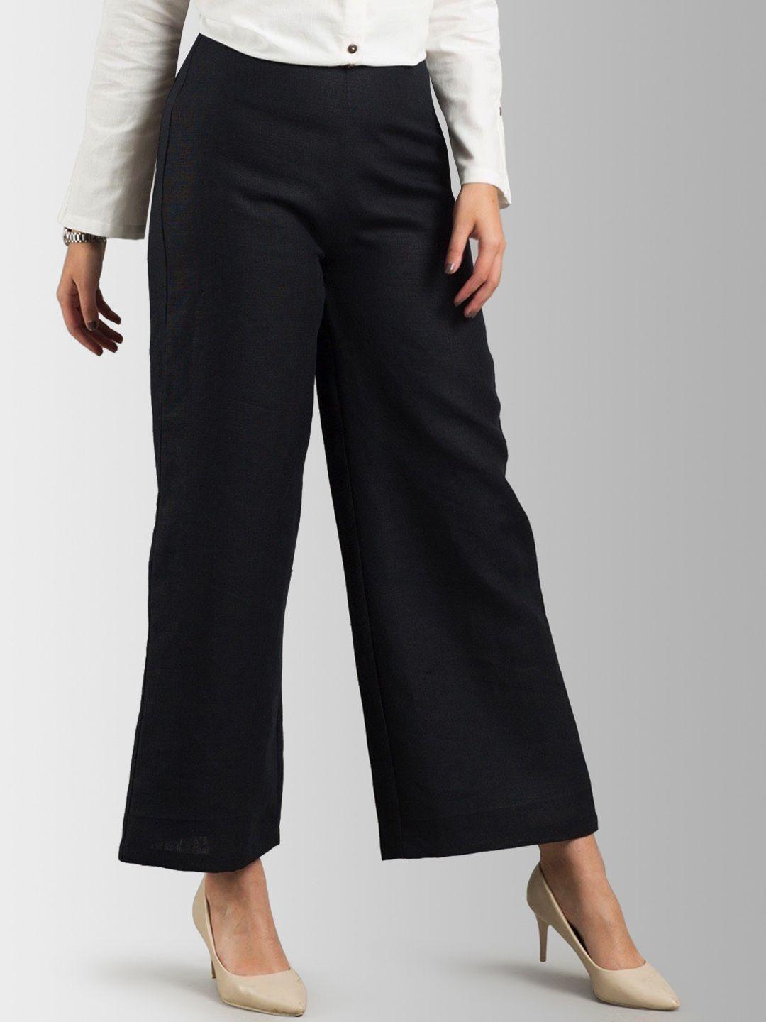 fablestreet women black flared solid parallel trousers