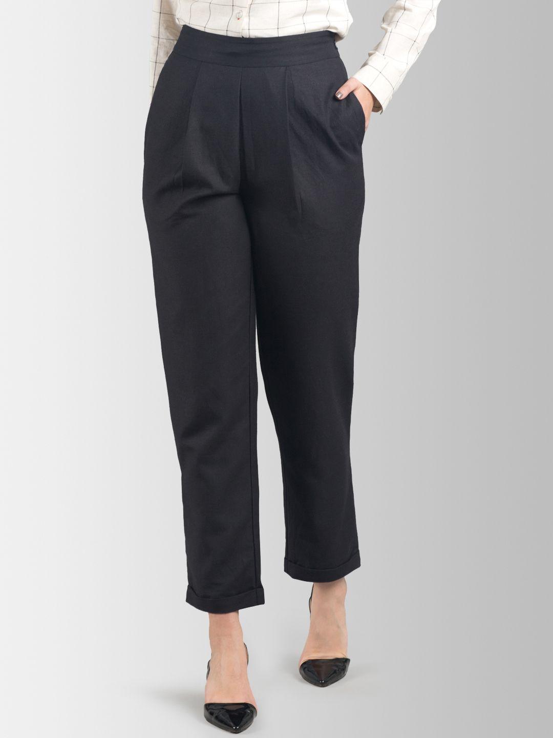 fablestreet women black loose fit solid peg trousers