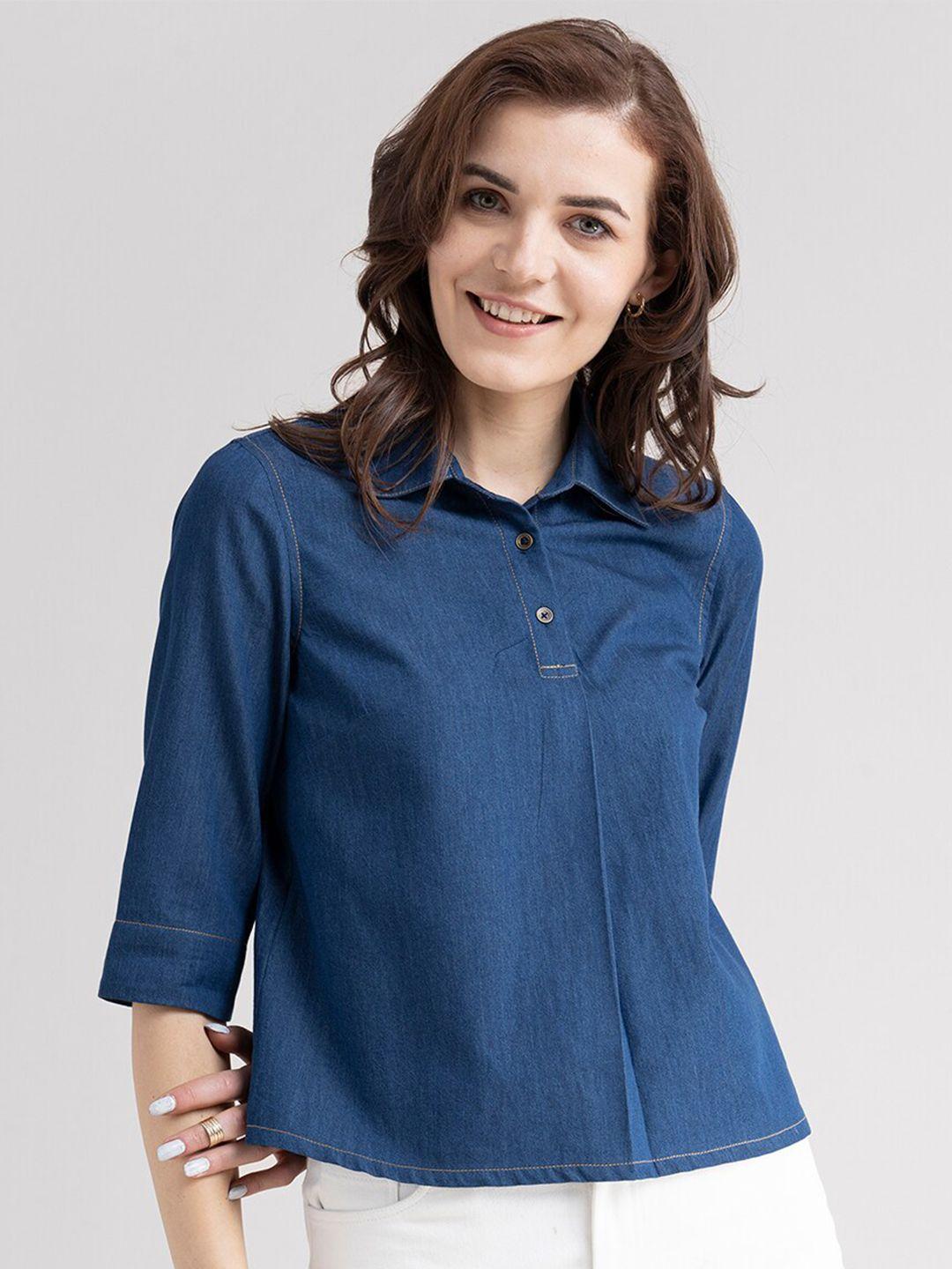 fablestreet women blue denim shirt style top