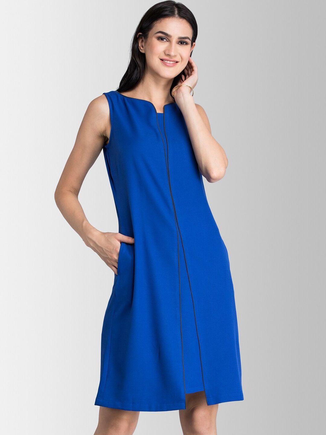 fablestreet women blue solid a-line dress