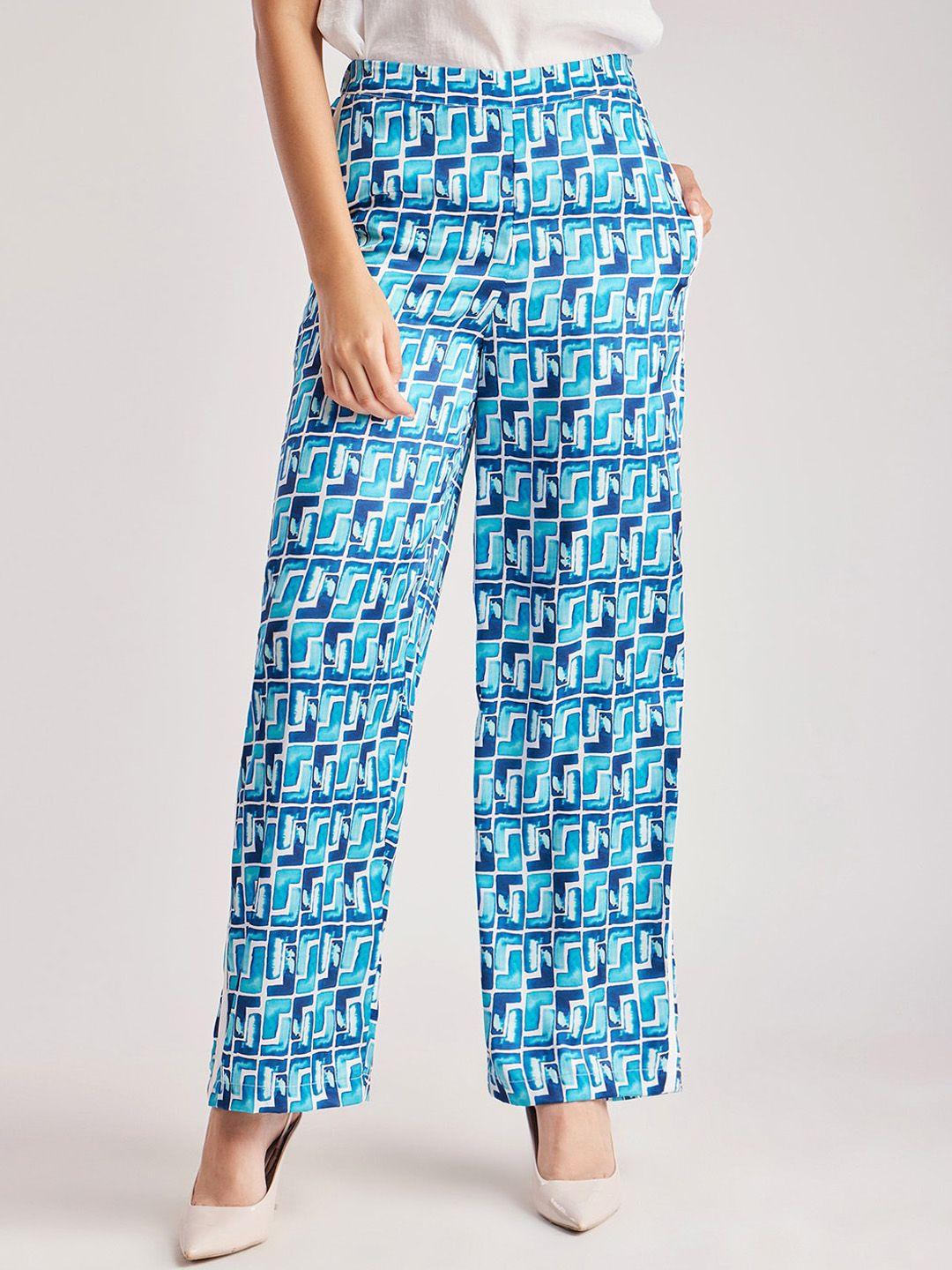 fablestreet women geometric printed loose fit high-rise satin parallel trousers