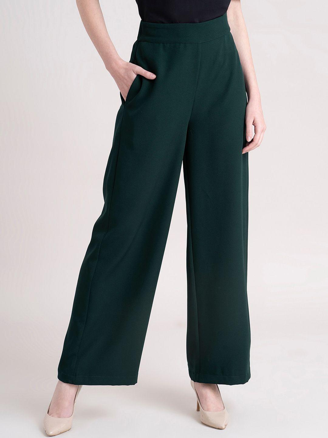 fablestreet women green comfort loose fit trousers