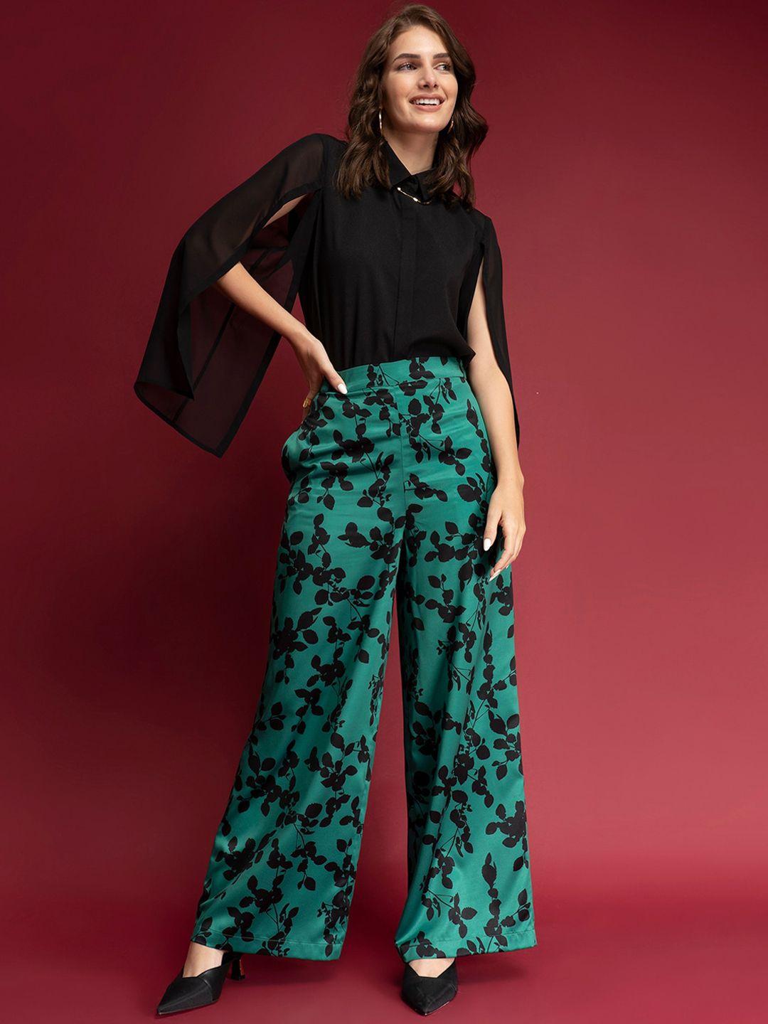 fablestreet women green floral printed flared trousers