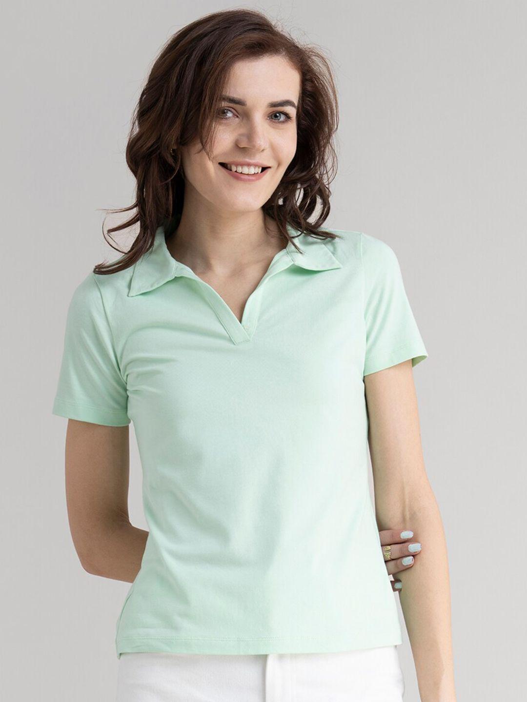 fablestreet women green polo collar pure cotton t-shirt
