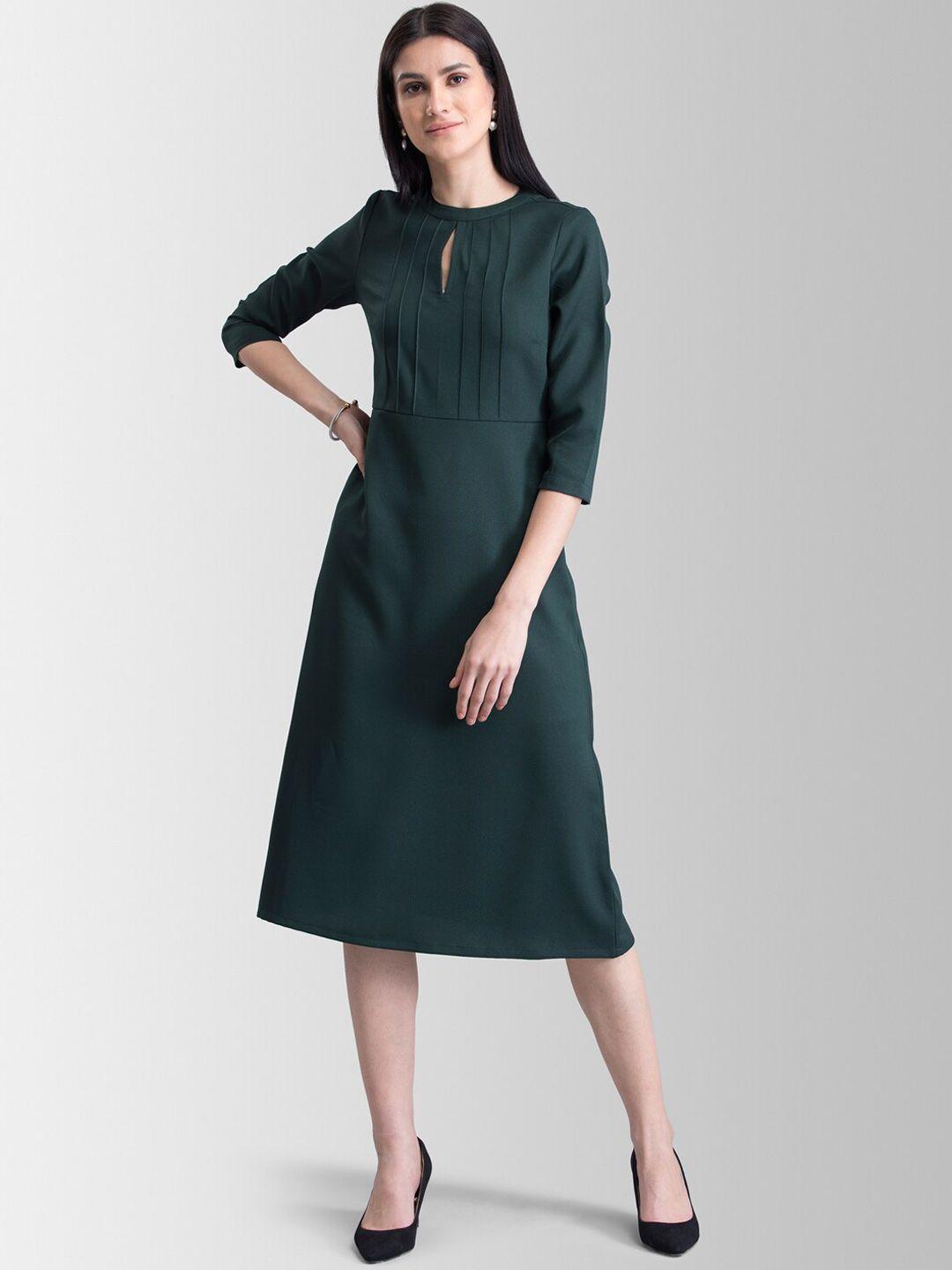 fablestreet women green solid a-line dress