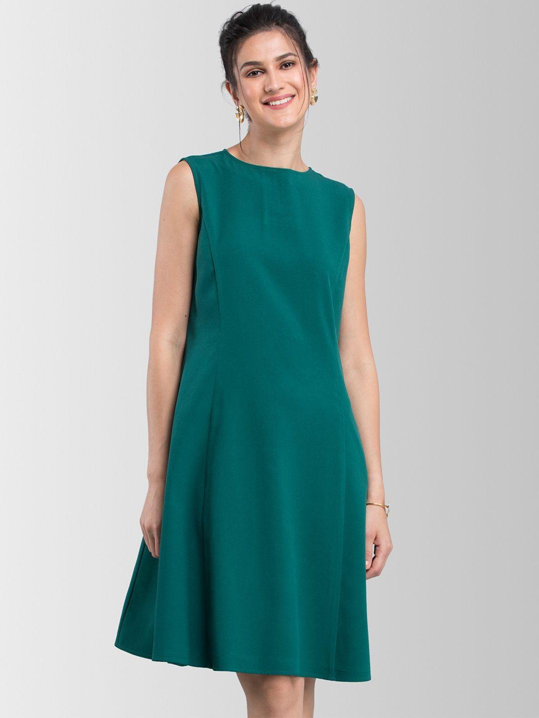 fablestreet women green solid fit and flare dress