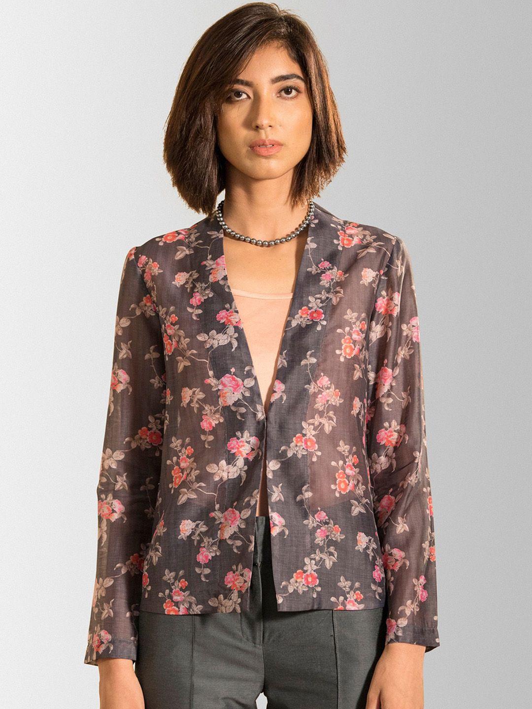 fablestreet women grey & pink floral printed lightweight tailored jacket