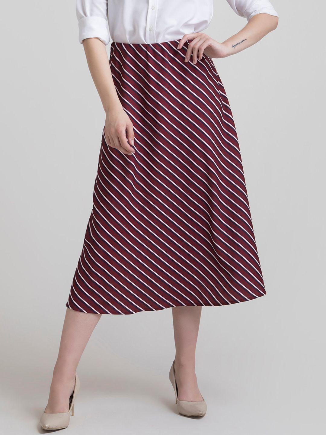 fablestreet women maroon & white striped a-line midi skirt