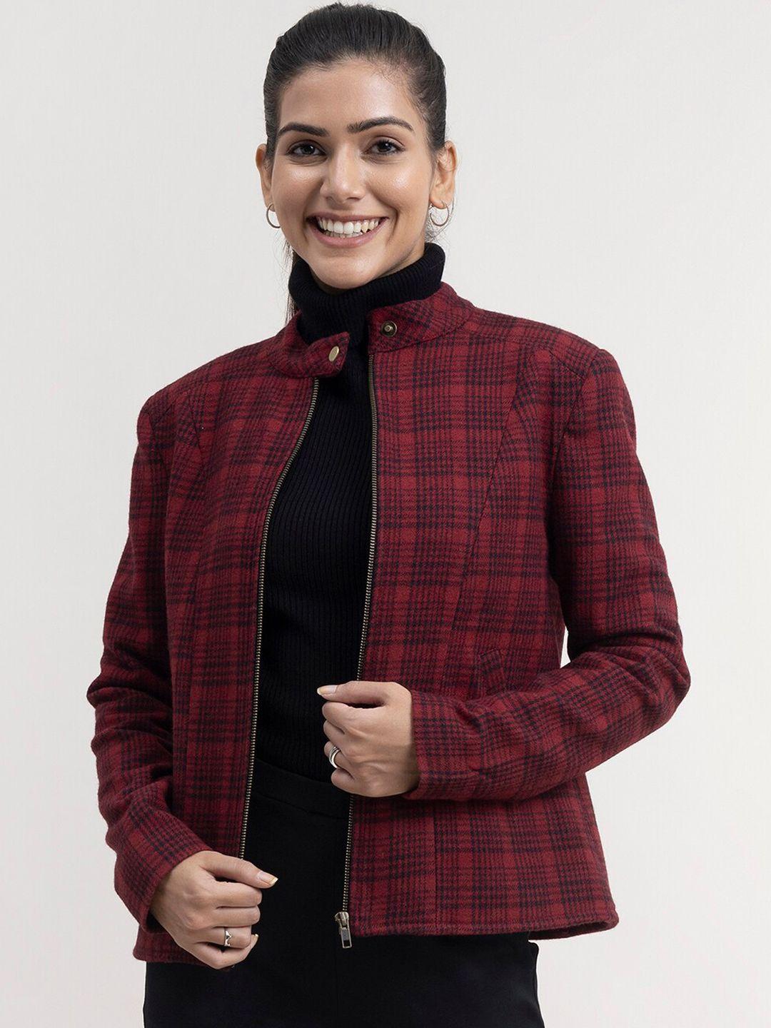 fablestreet women maroon navy blue checked tailored jacket