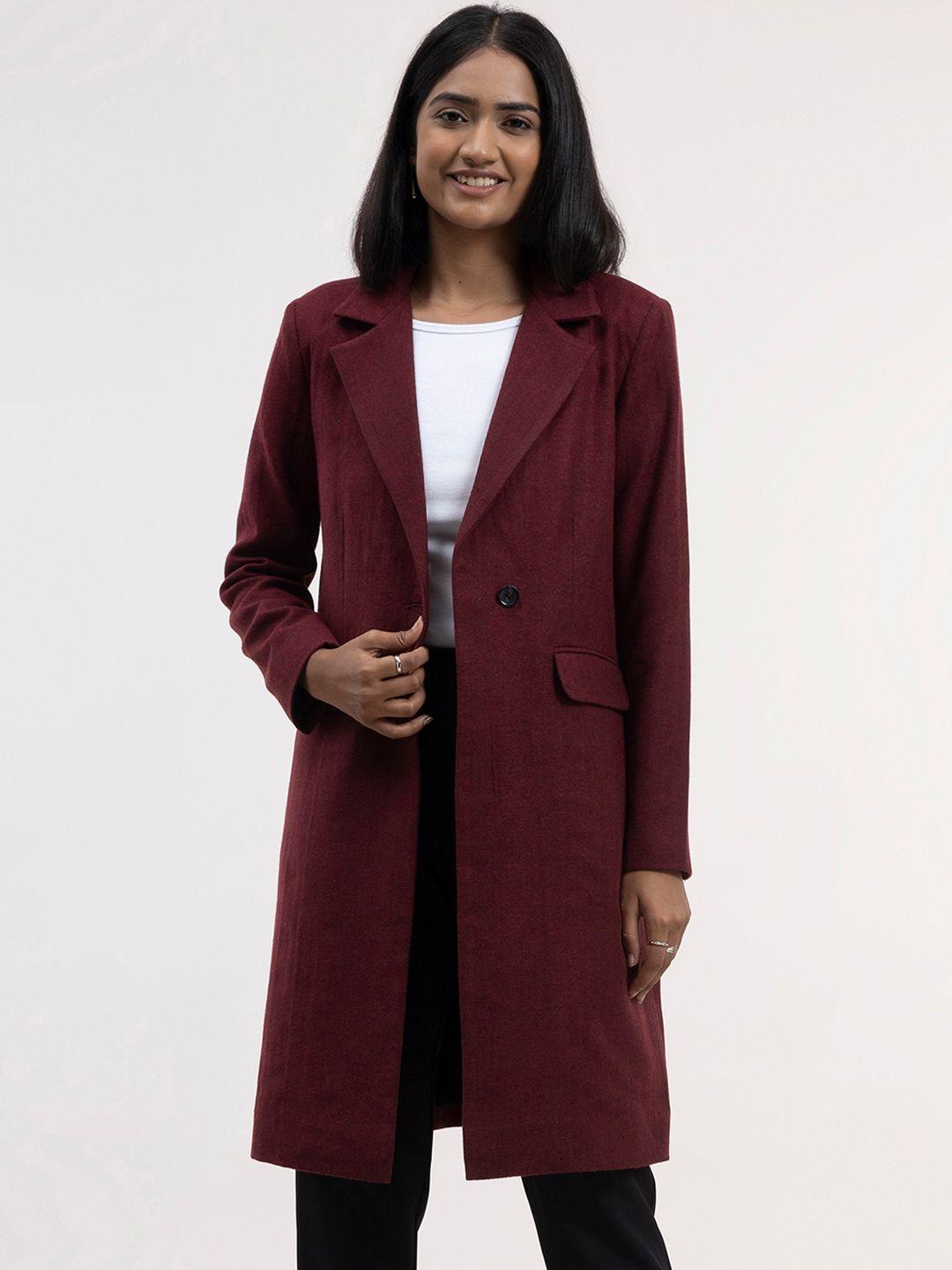 fablestreet women maroon self design wool long overcoat