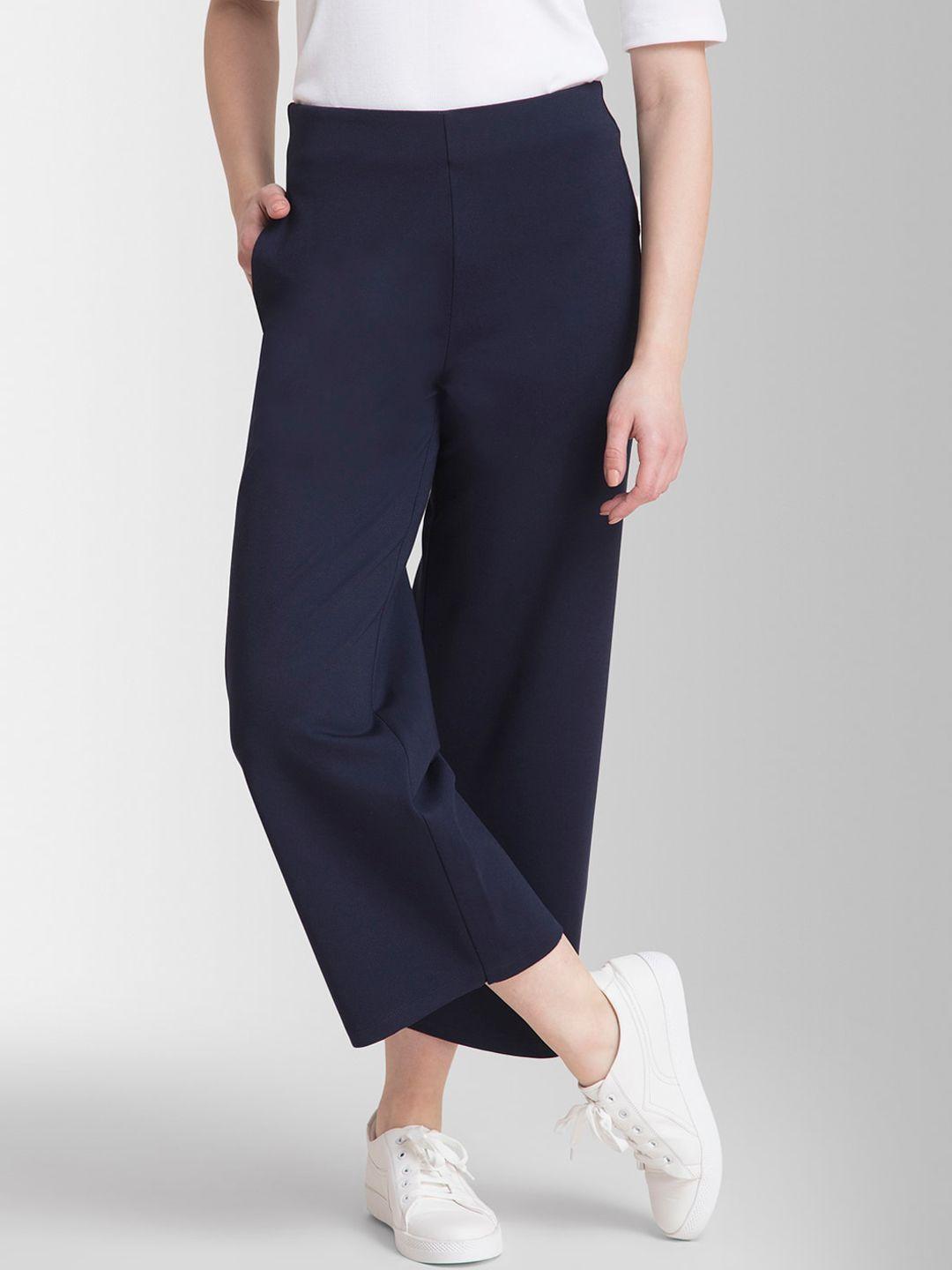 fablestreet women navy blue loose fit solid livin culottes
