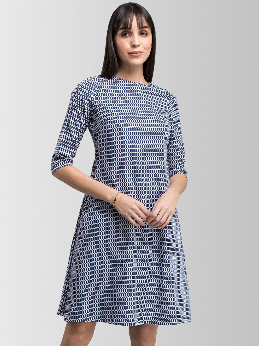 fablestreet women navy blue printed a-line dress