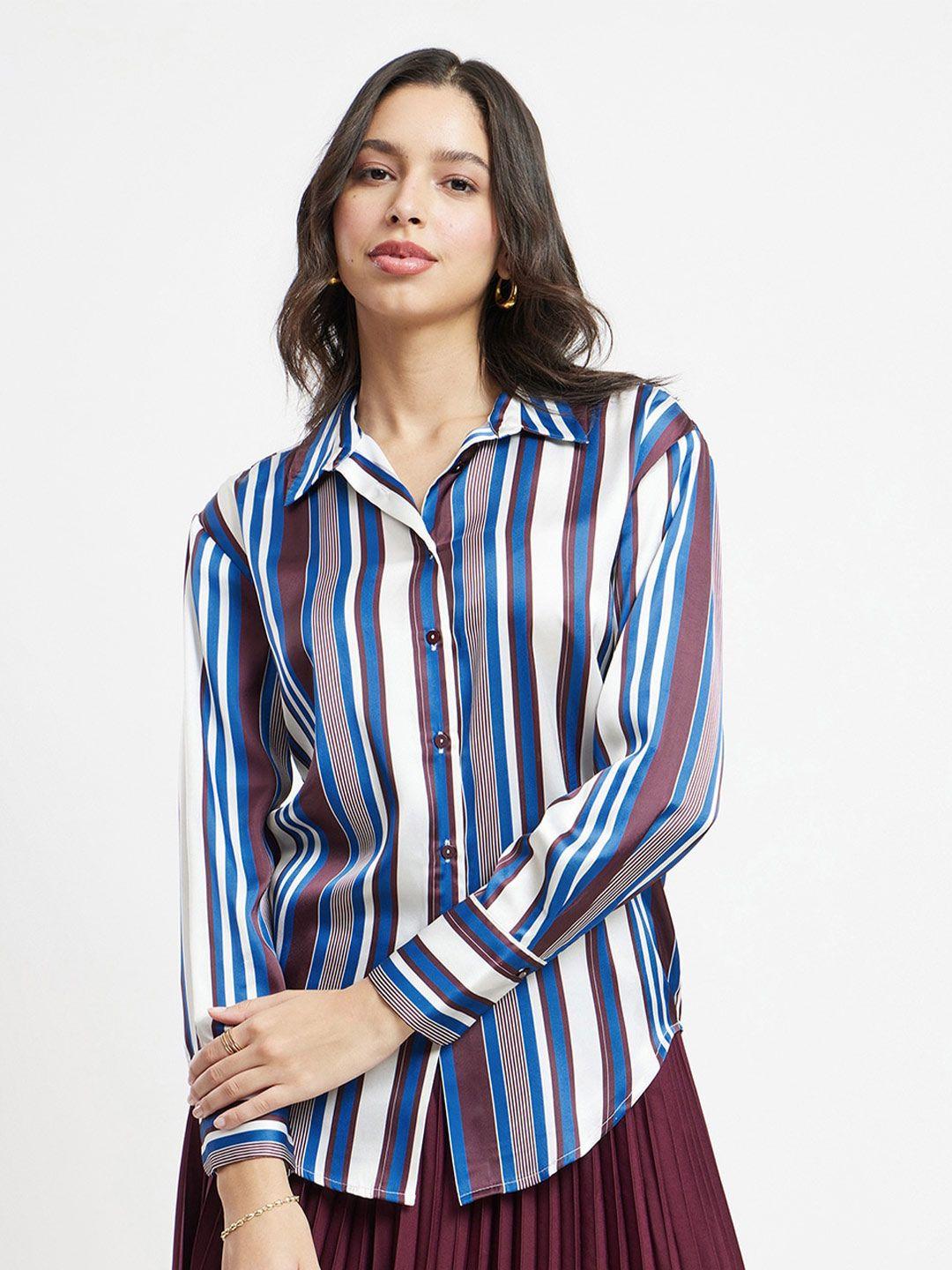 fablestreet women navy blue relaxed opaque striped formal shirt