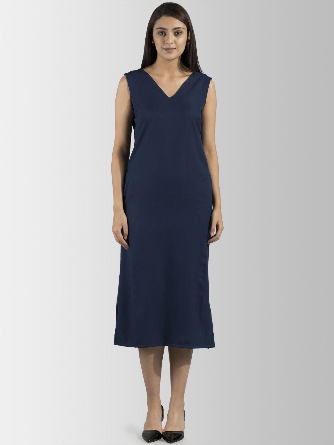 fablestreet women navy blue solid sheath dress