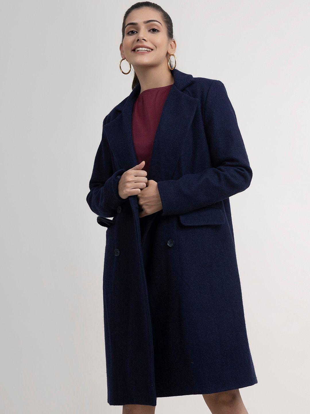 fablestreet women navy blue solid winter coat