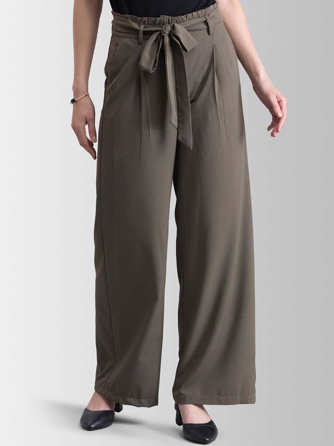 fablestreet women olive green flared solid parallel trousers