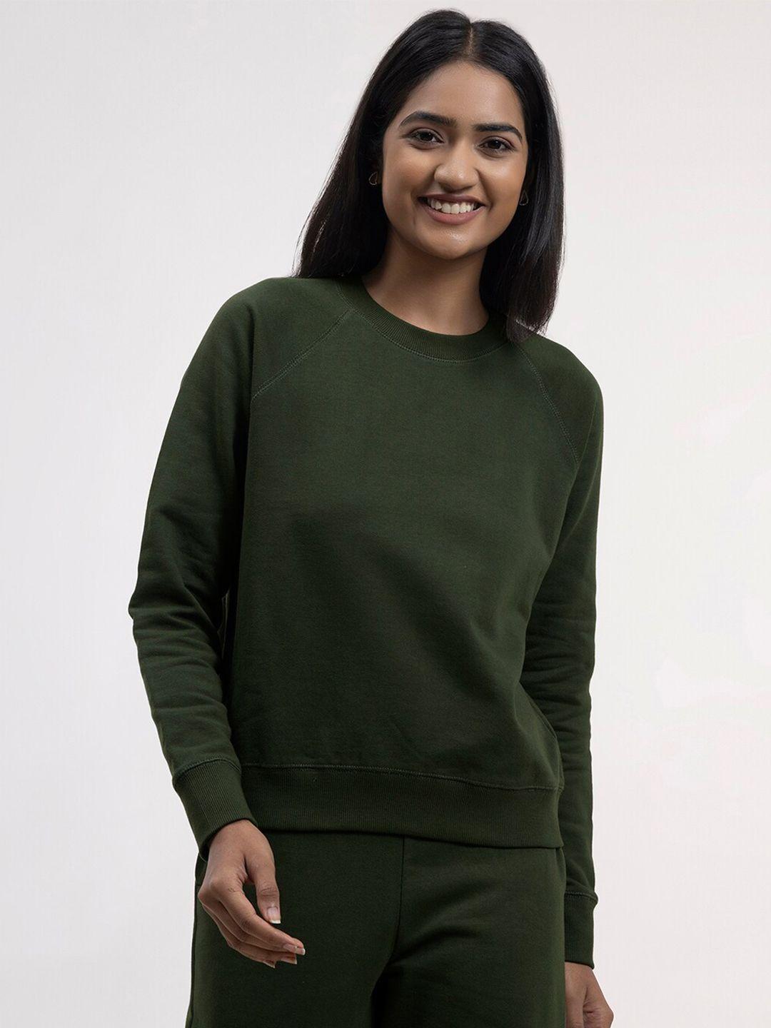 fablestreet women olive green solid cotton sweatshirt